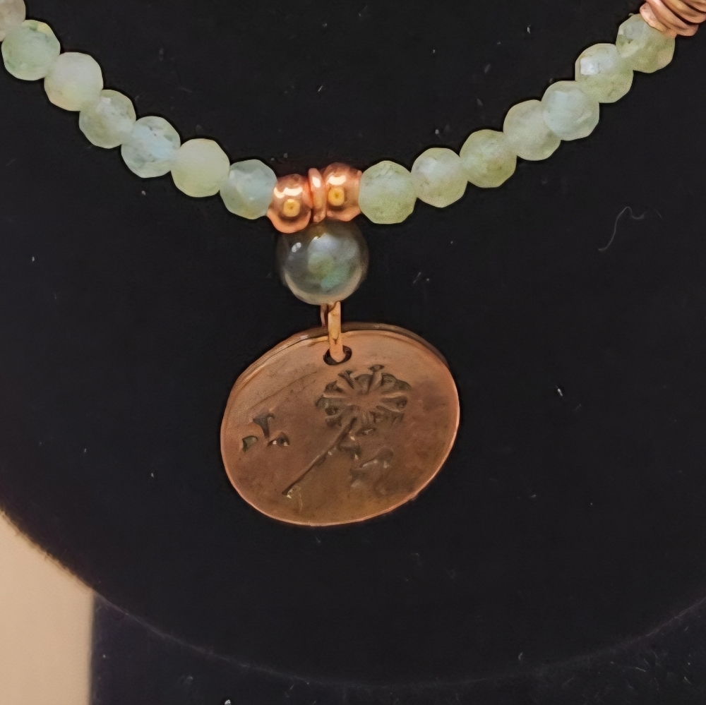 Faceted Green Apatite, Copper Tube Beads and A Copper Plated Dandelion Pendant - Picture 2 of 7